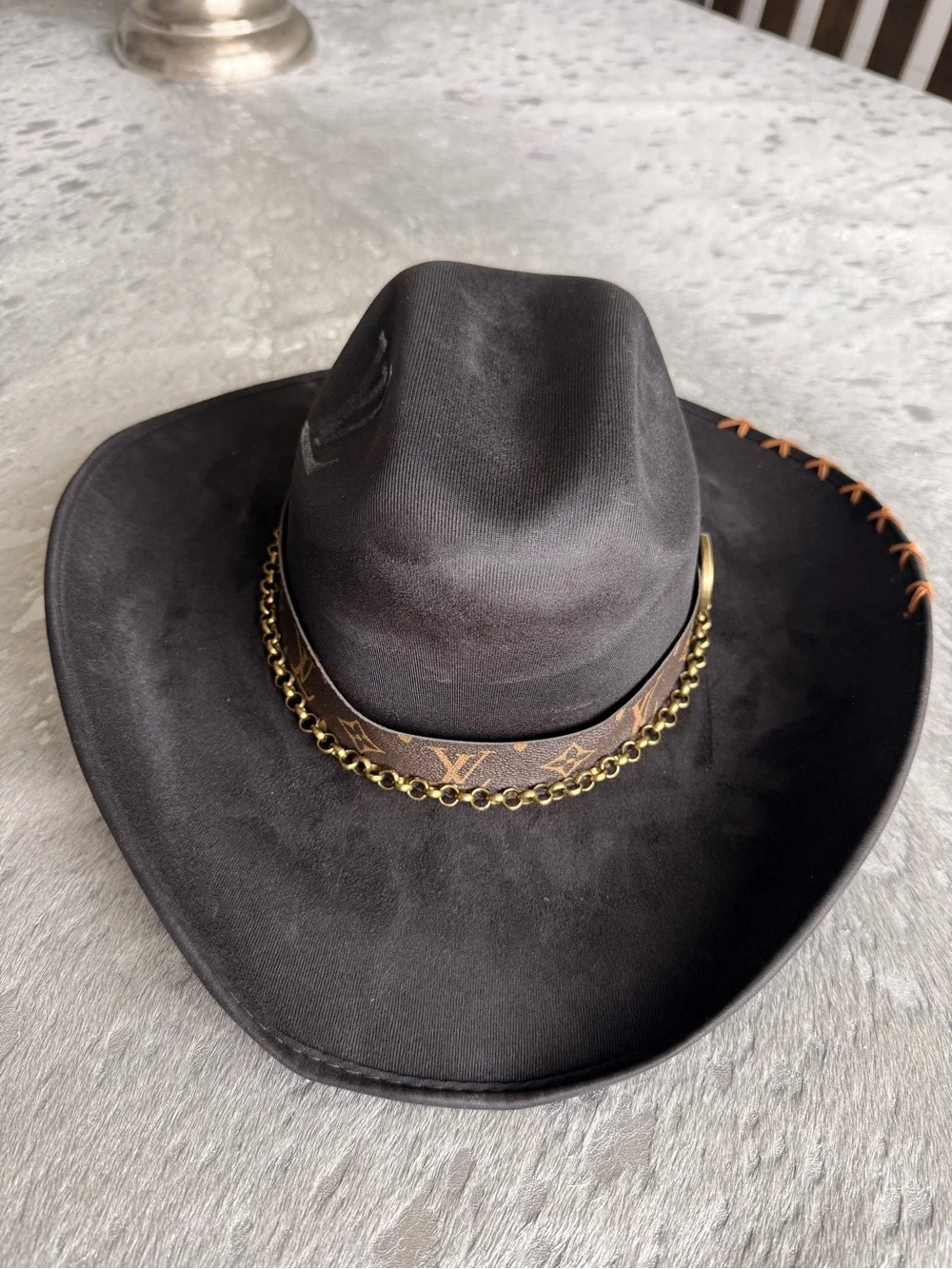 Louis Vuitton Black Western Hat with Gold Chain